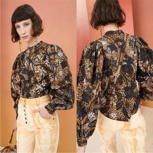 Ulla Johnson Prudence Blouse Bronze Floral Size 2 Puff Sleeves Neutral Top Shirt